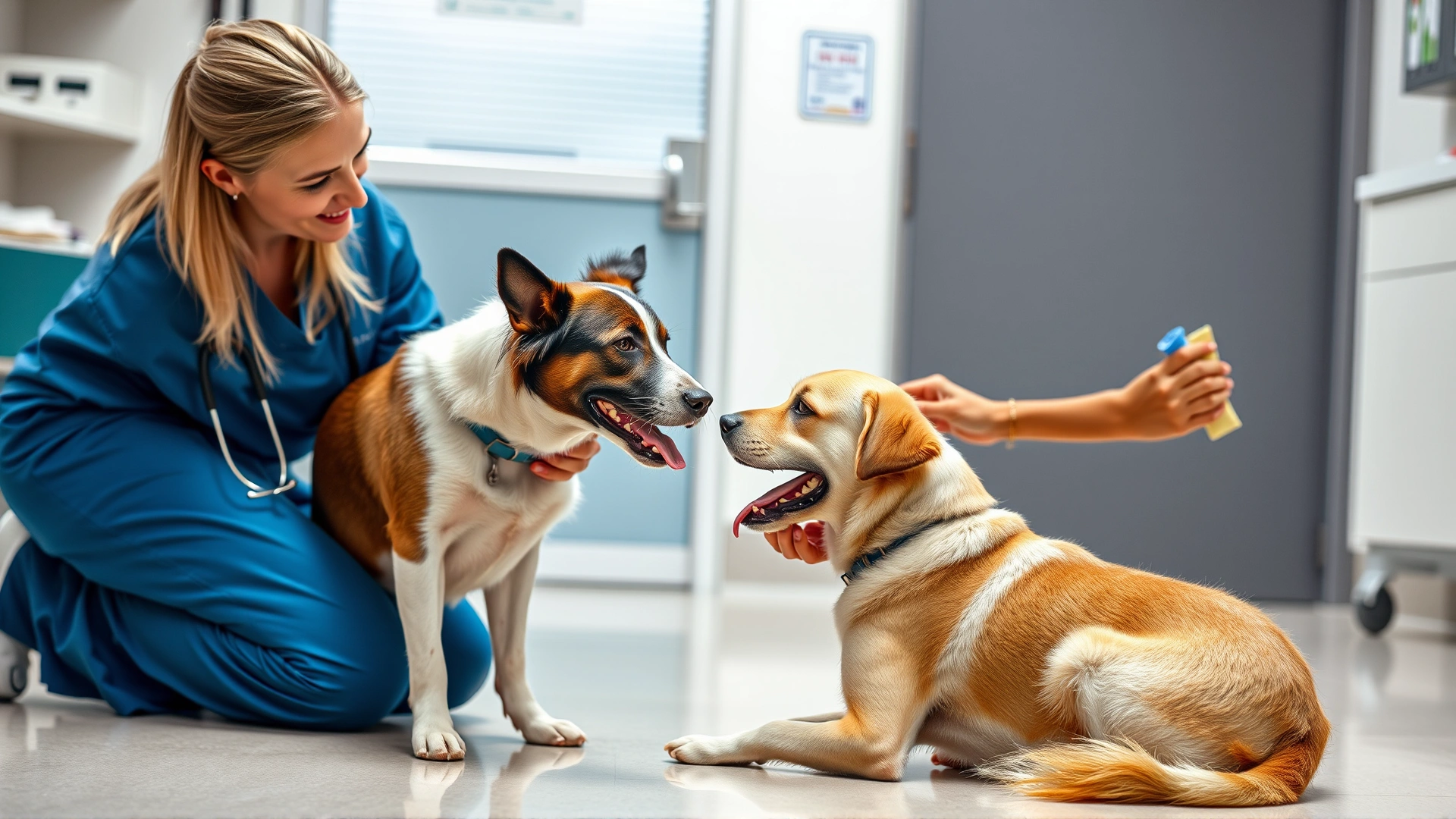 Veterinarian kneeling on the floor beside a dog, using low-stress body language and offering treats in a modern clinic environment.