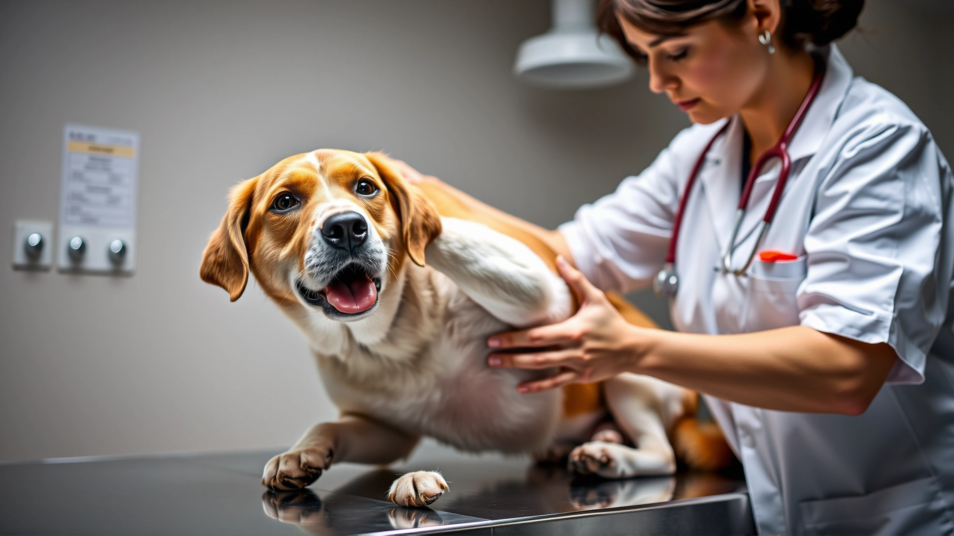 Veterinarian gently lifting a dog's front paw during a clinical examination on an exam table, clinic setting, focused on care and professionalism