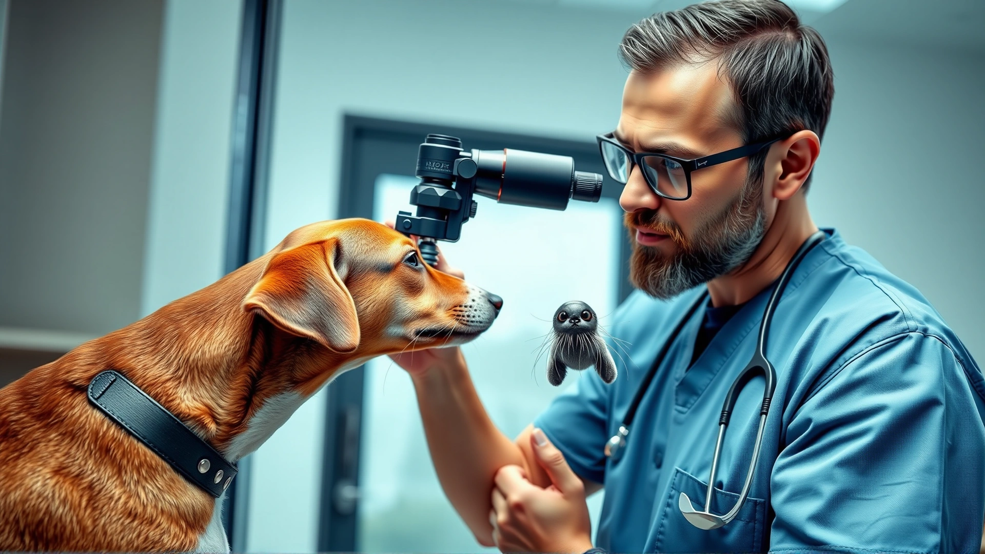 Mid-shot of a veterinarian wearing scrubs examining a medium-sized dog's eye with an ophthalmoscope in a modern clinic