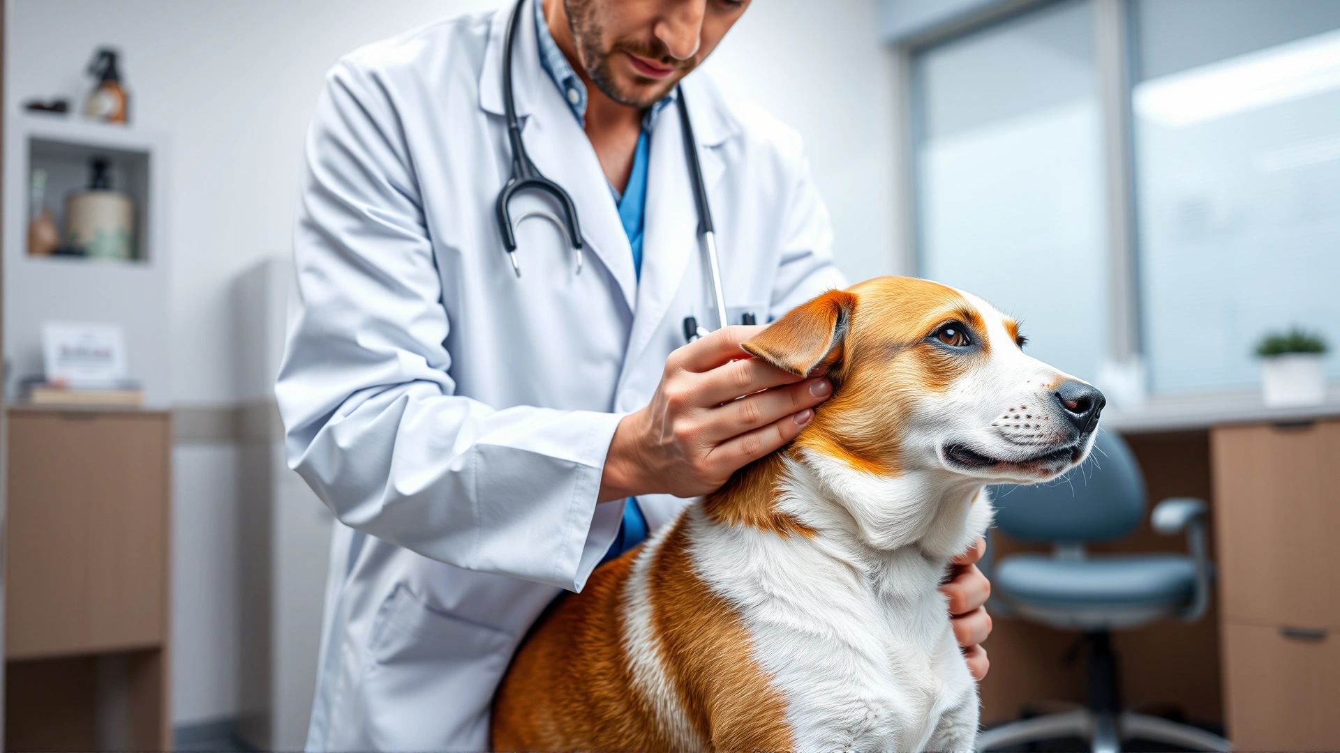 Veterinarian wearing white coat gently examining a dog's red ear skin in a modern clinic; no text.