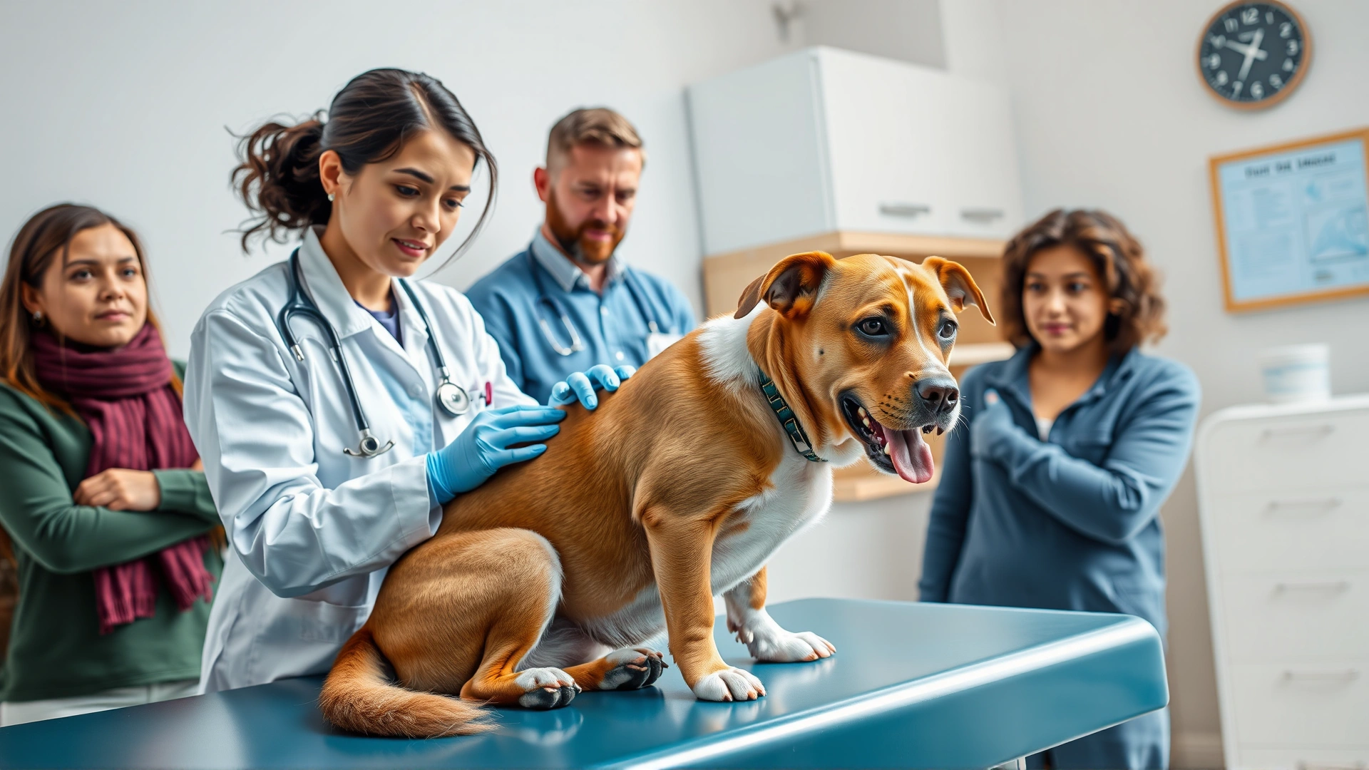 Veterinarian examining a dog on an exam table while the concerned owner watches, bright clinic setting, no text.