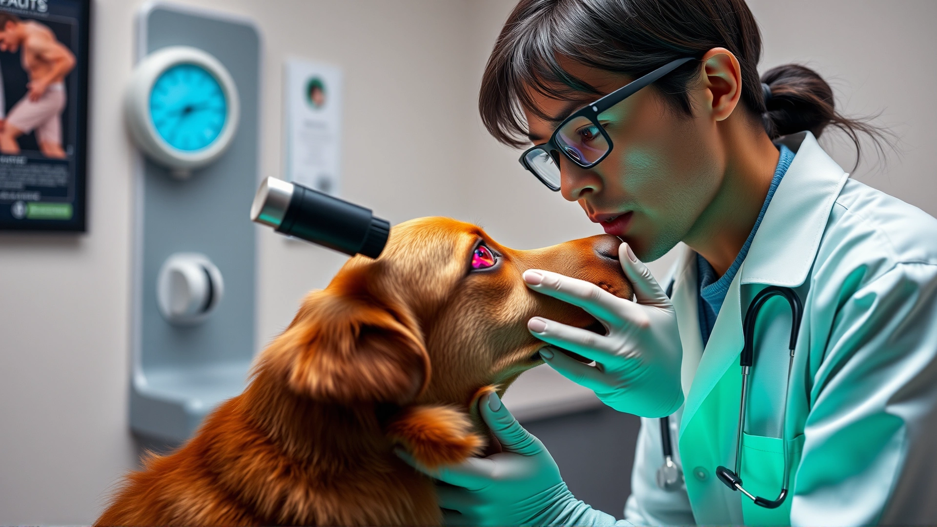 Veterinarian wearing white coat performing a fluorescein stain test on a dog’s eye in an examination room.