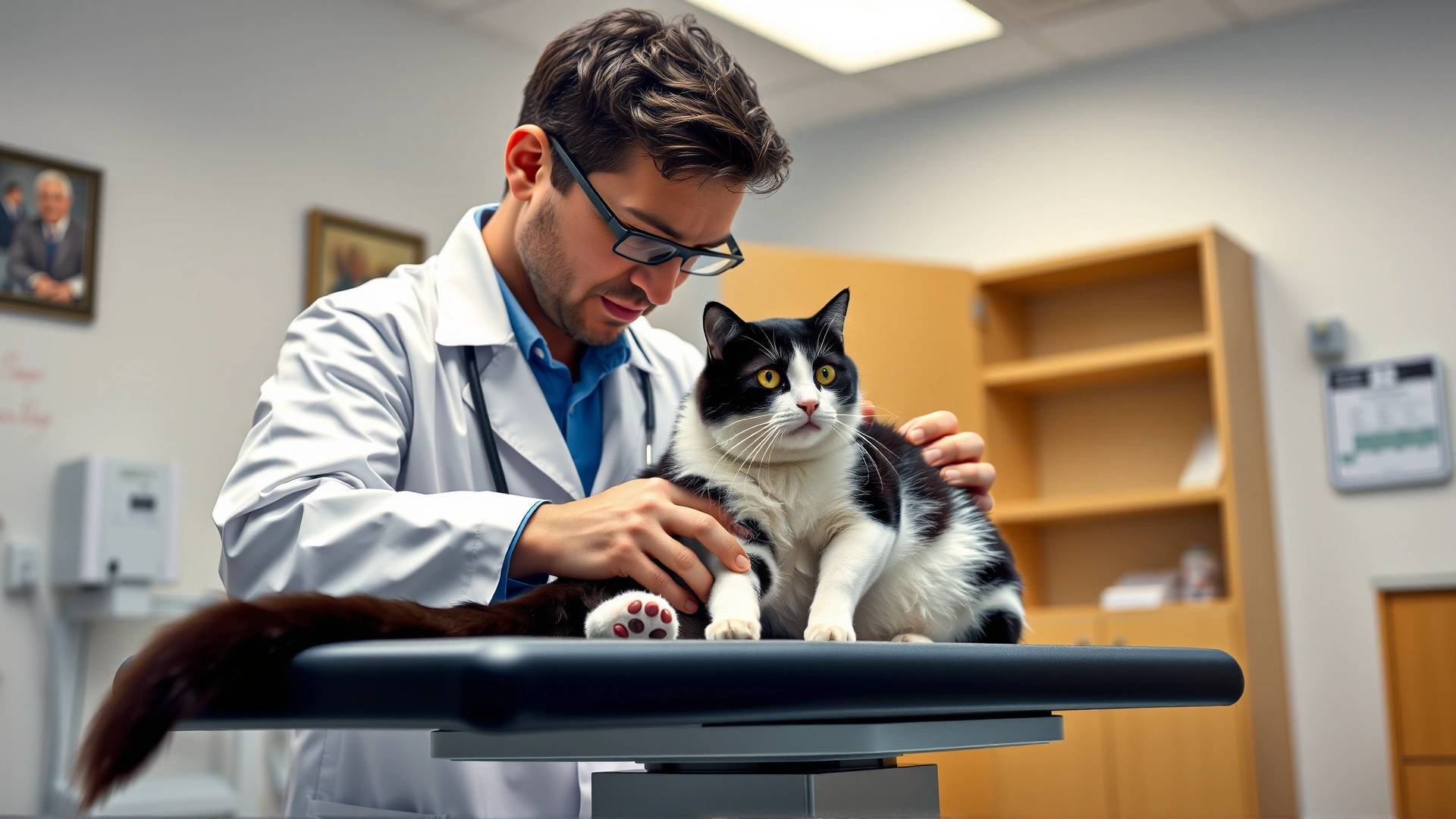 Veterinarian in a white coat examining a black-and-white cat on an exam table in a bright clinic.