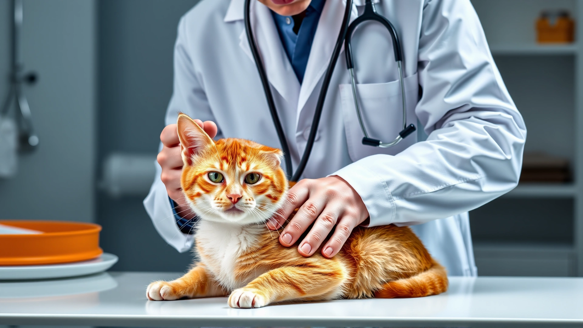 Professional veterinarian wearing a white coat using a stethoscope to examine an orange cat on a clinic table, bright clinical background