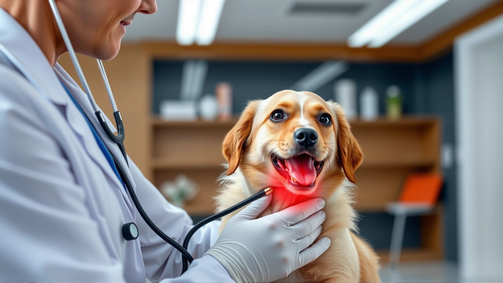 Veterinarian gently holding a medium-sized dog while listening to its heart with a stethoscope in a modern clinic.