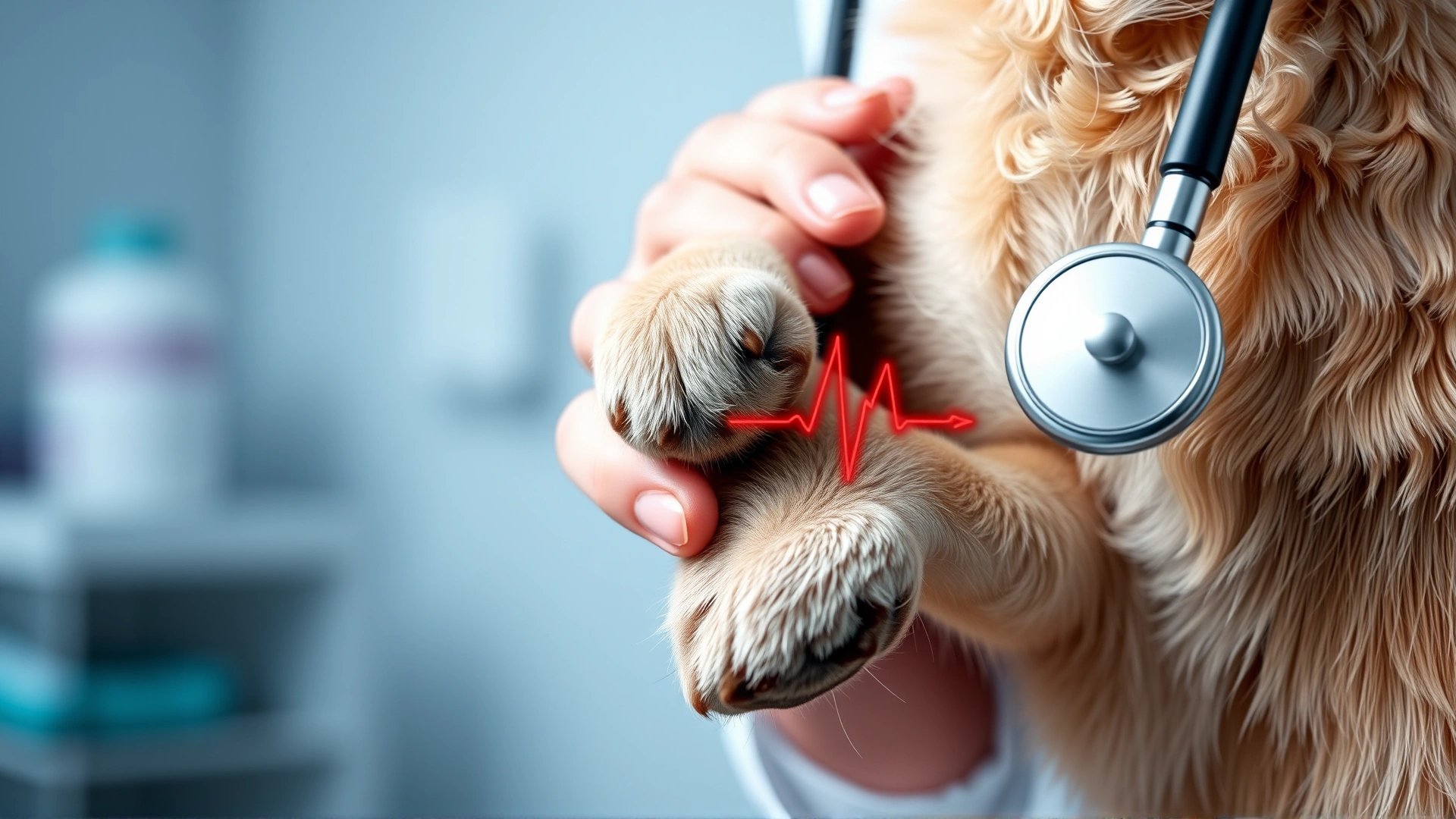 Close-up of a veterinarian’s hands gently holding a dog’s paw while listening to its heartbeat with a stethoscope; clinic background softly blurred
