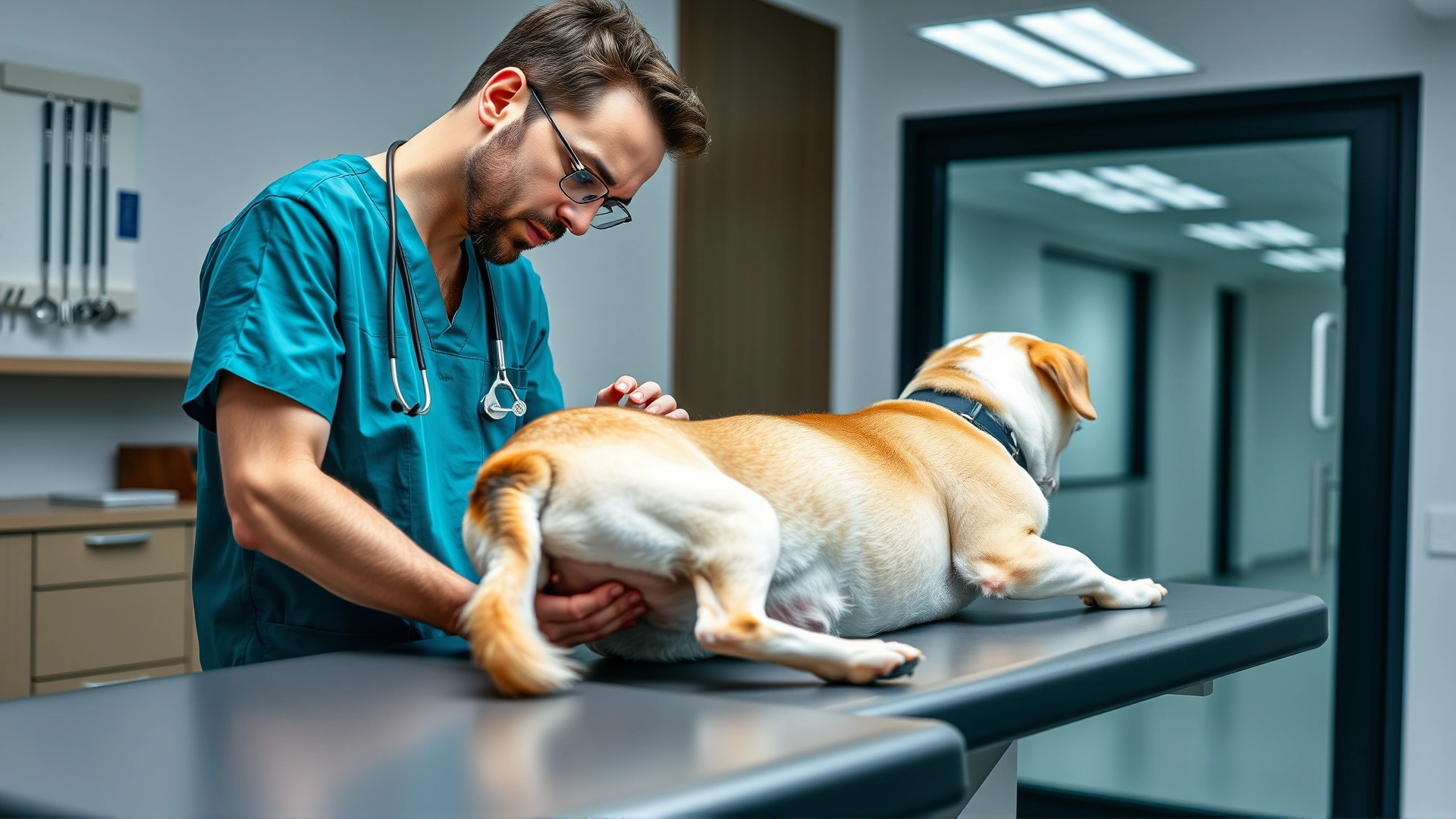 Veterinarian in scrubs gently examining a dog's hind legs on an exam table inside a modern clinic, highlighting professional evaluation for muscle spasms. No text.