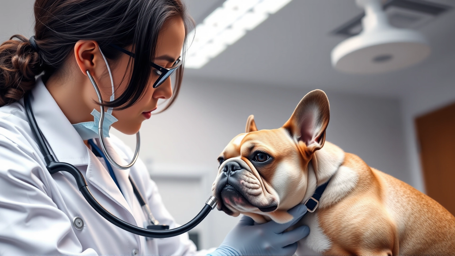 Veterinarian examining a French Bulldog with a stethoscope in a modern veterinary clinic, focused medical setting, high-resolution image