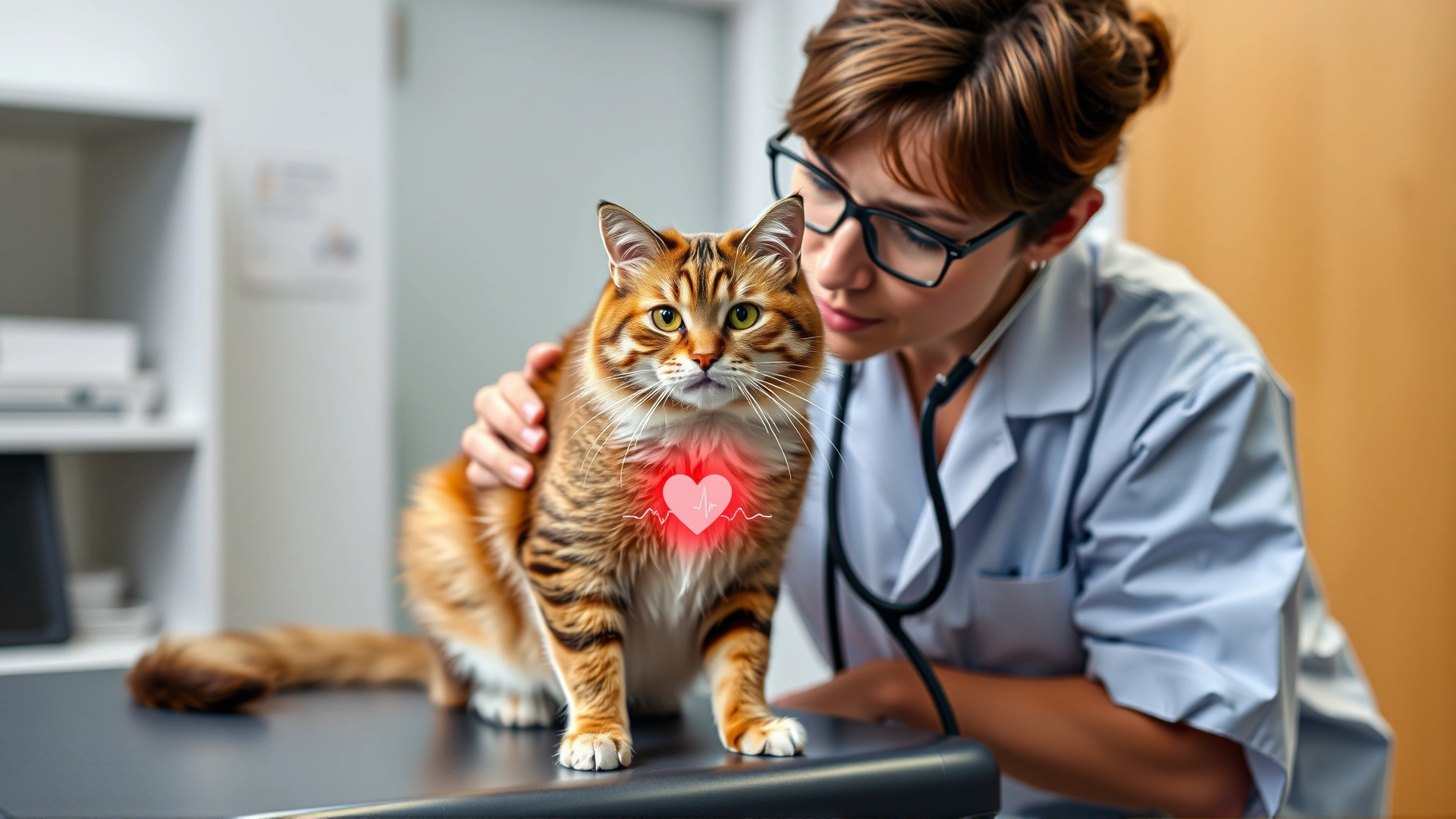 Veterinarian listening to a cat's heartbeat with stethoscope on examination table, clinic interior