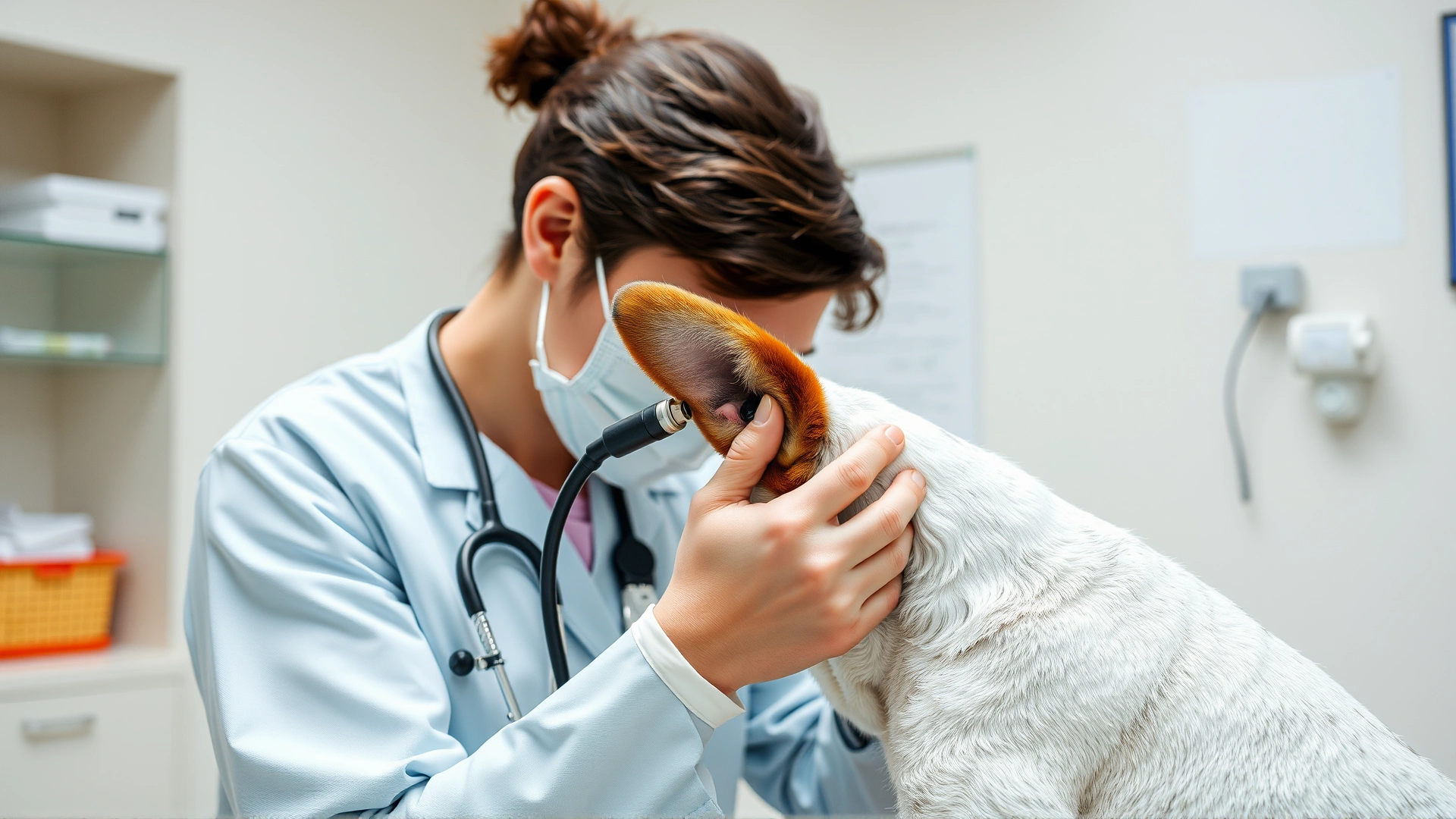 Veterinarian gently examining a dog’s ear with an otoscope in a clean clinic room, professional setting