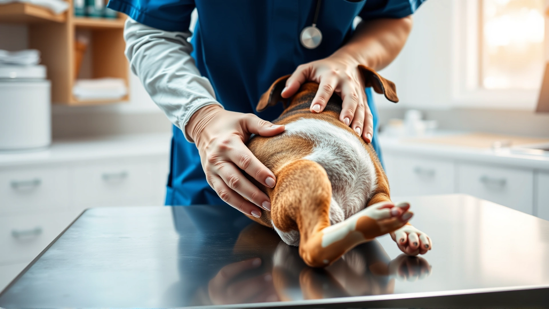 Close-up of a veterinarian gently palpating a dog's abdomen on a stainless-steel exam table, soft natural clinic lighting