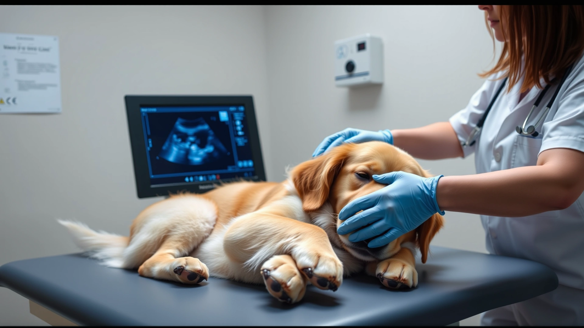 Veterinarian performing an abdominal ultrasound on a Golden Retriever lying calmly on an exam table, clinical environment with soft lighting.