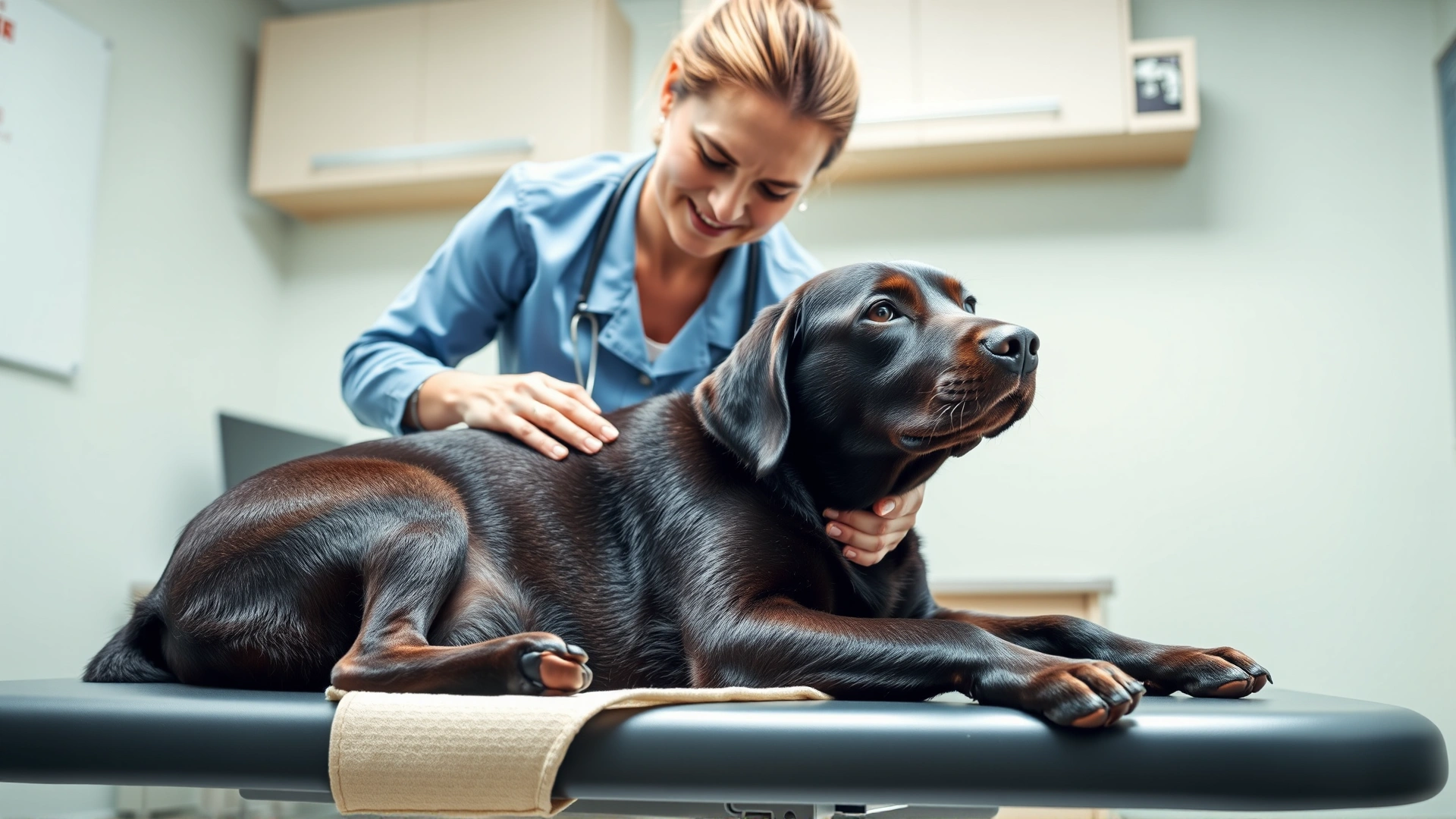 Experienced veterinarian gently palpating a pregnant Labrador Retriever on an examination table, clinic background, no text on image