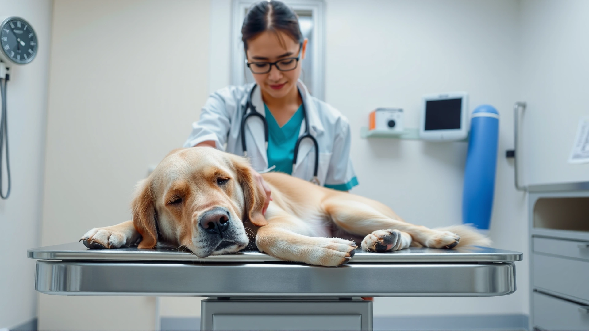 Veterinarian in a modern clinic gently examining a lethargic golden retriever on a stainless steel examination table, medical equipment visible in background.