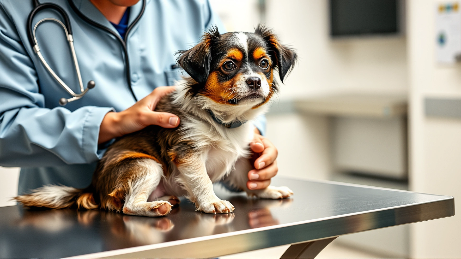 A veterinarian gently examining a small dog on a stainless steel exam table, stethoscope visible, clinic background soft-focus