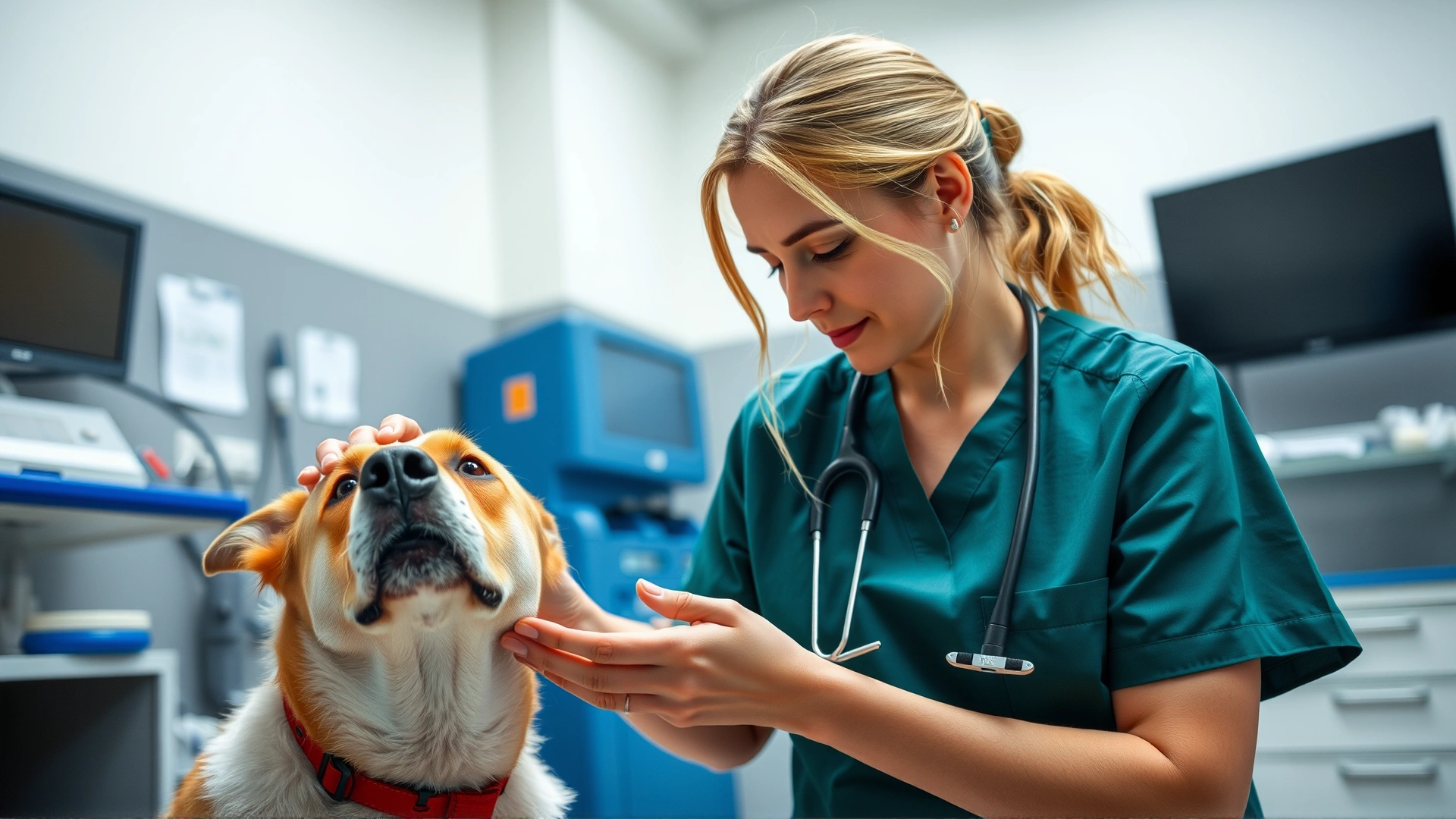 Veterinarian wearing scrubs gently examining a dog's nose in a modern clinic, medical equipment blurred in background, calm atmosphere, no text.