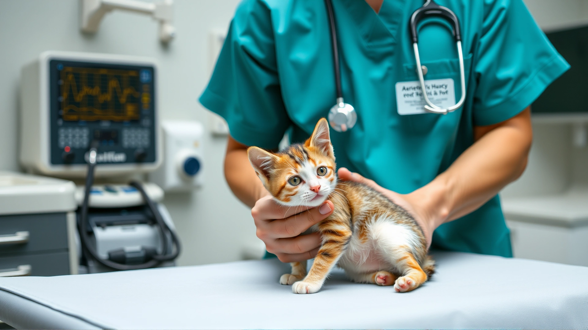 Veterinarian in scrubs gently palpating a kitten’s abdomen on an exam table with medical equipment in the background.