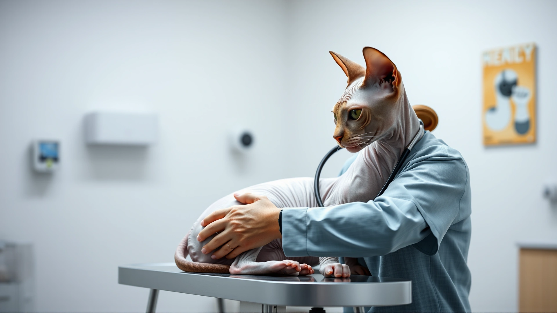 Veterinarian using a stethoscope to examine a Sphynx cat on a clinic table, bright clinical environment