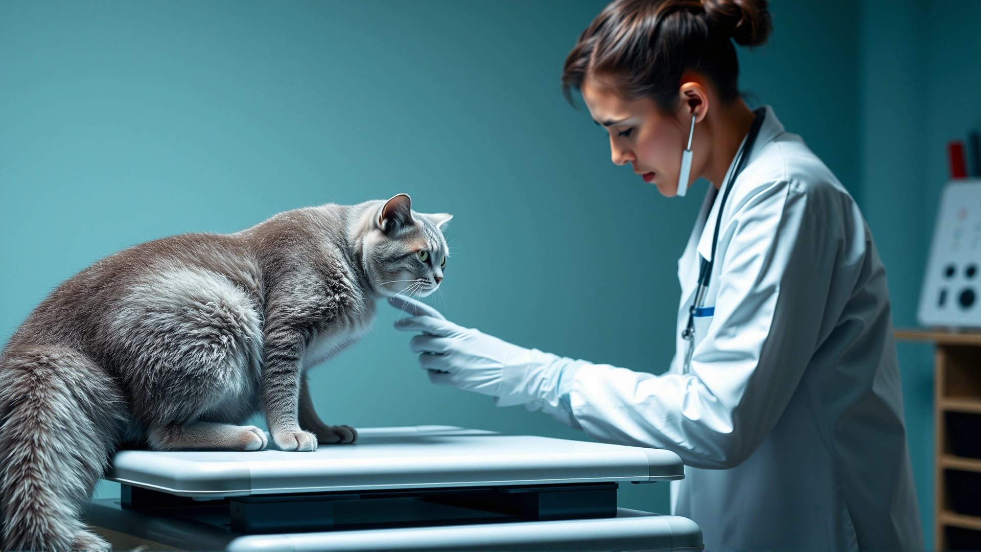 Veterinarian in white coat examining a grey cat on an exam table, stethoscope visible, clinical background