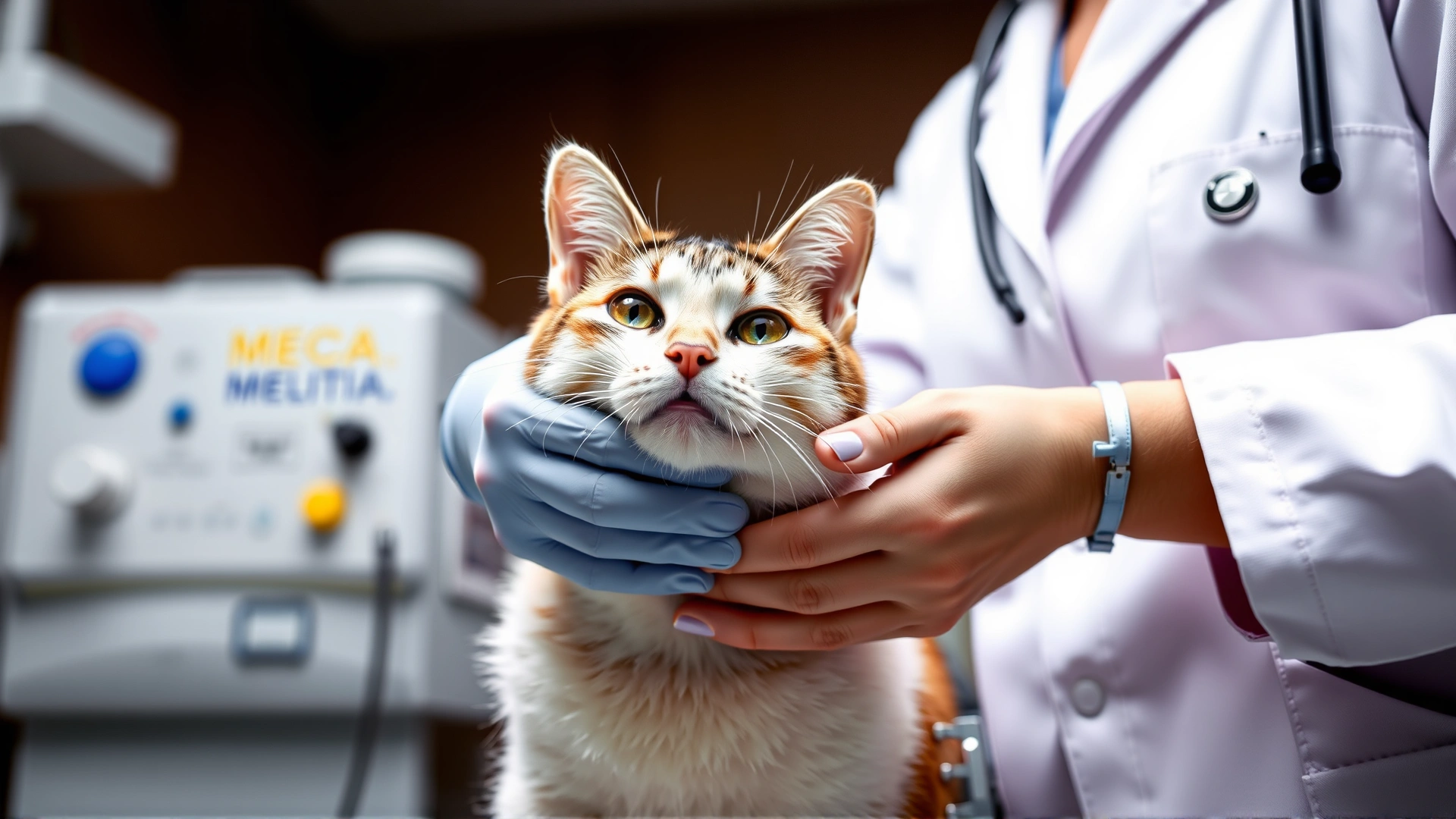 Veterinarian in white coat gently palpating a cat's swollen cheek during a clinic visit, medical equipment in background
