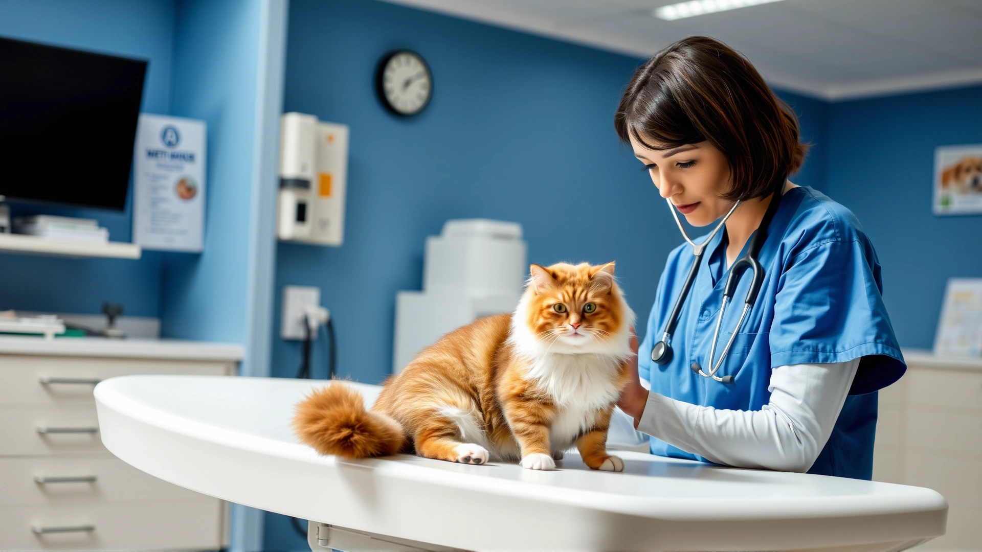 Veterinarian in blue scrubs examining a cat on an exam table using an otoscope and wearing a stethoscope, bright veterinary clinic interior