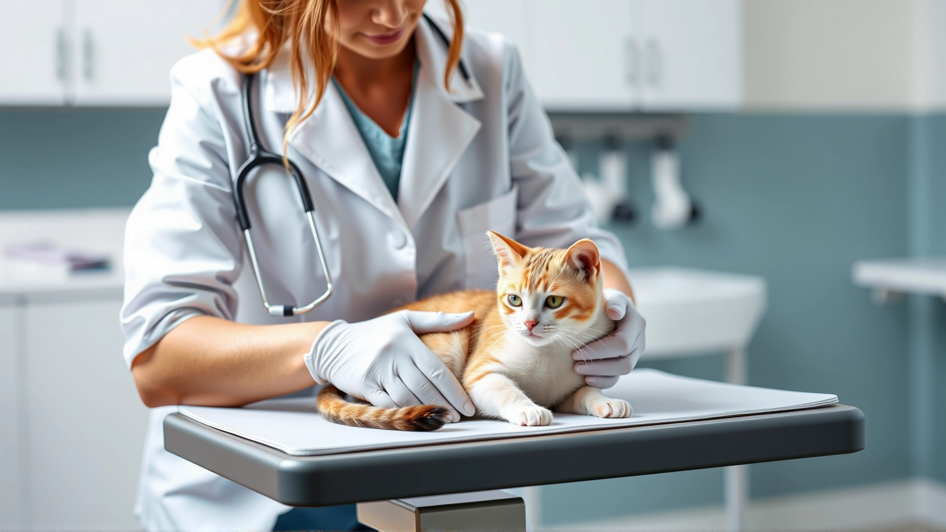 Veterinarian in white coat gently examining a nursing cat on an examination table, clinic background softly blurred.