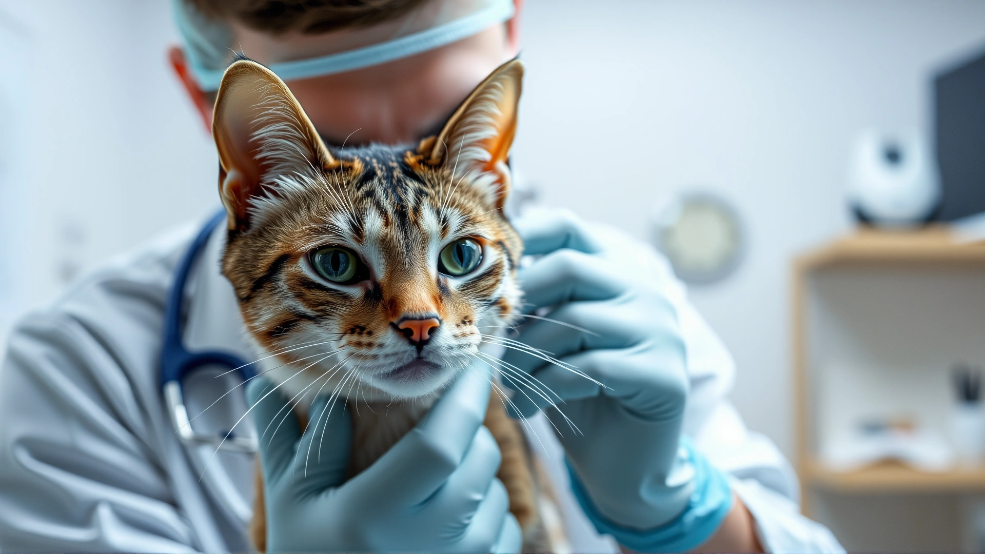 Veterinarian gently examining a cat's nose and ears in a well-lit clinic setting.