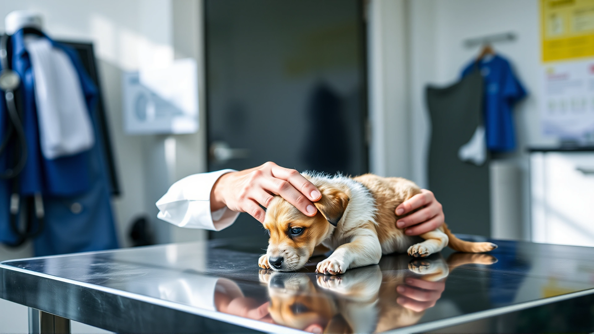 Veterinarian gently examining a small puppy on a stainless-steel clinic table, bright clinical environment