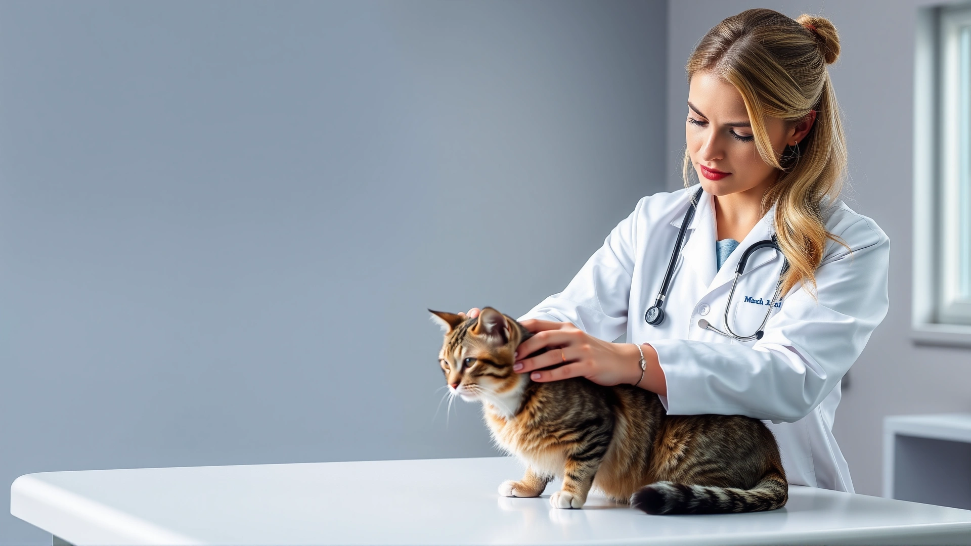 Female veterinarian in a white coat examining a calm cat on an exam table, stethoscope visible, bright clinic environment.