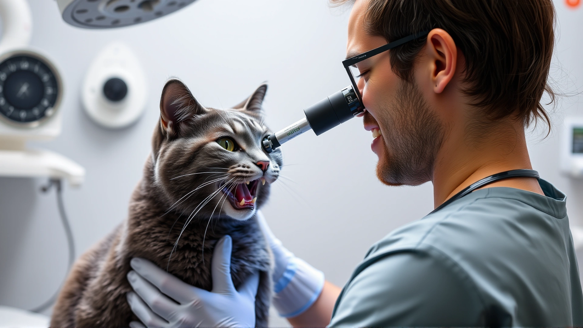 Veterinarian in scrubs performing a dental check-up on a grey cat using an otoscope-like tool in an exam room.