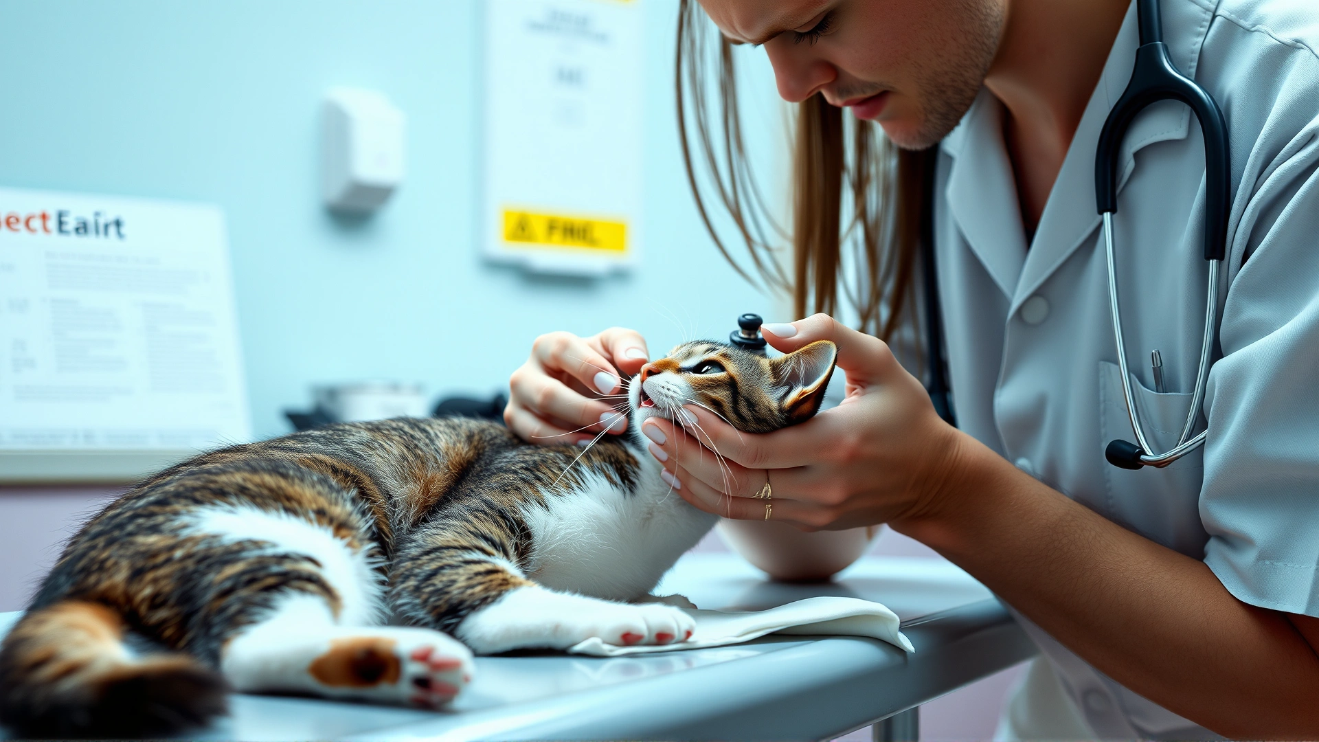 Veterinarian gently examining a cat's mouth on an exam table, stethoscope visible around the vet's neck, bright clinical lighting, horizontal orientation.