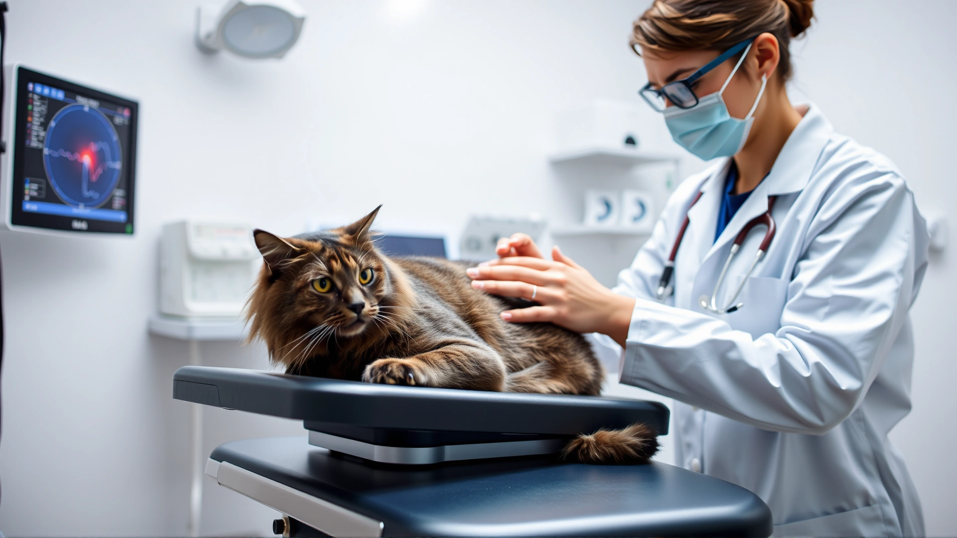 Veterinarian in a modern clinic gently examining a cat on an examination table, representing the diagnostic process