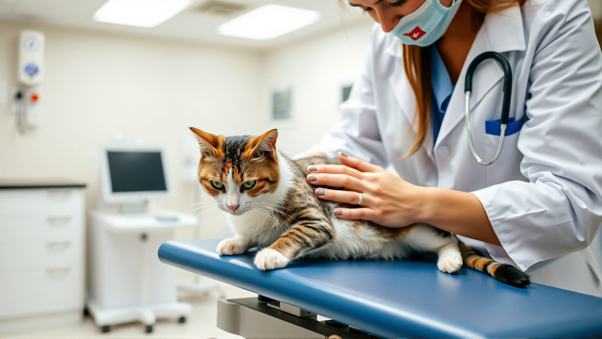 Veterinarian gently examining a cat's abdomen on an examination table inside a modern clinic, medical equipment blurred in background.