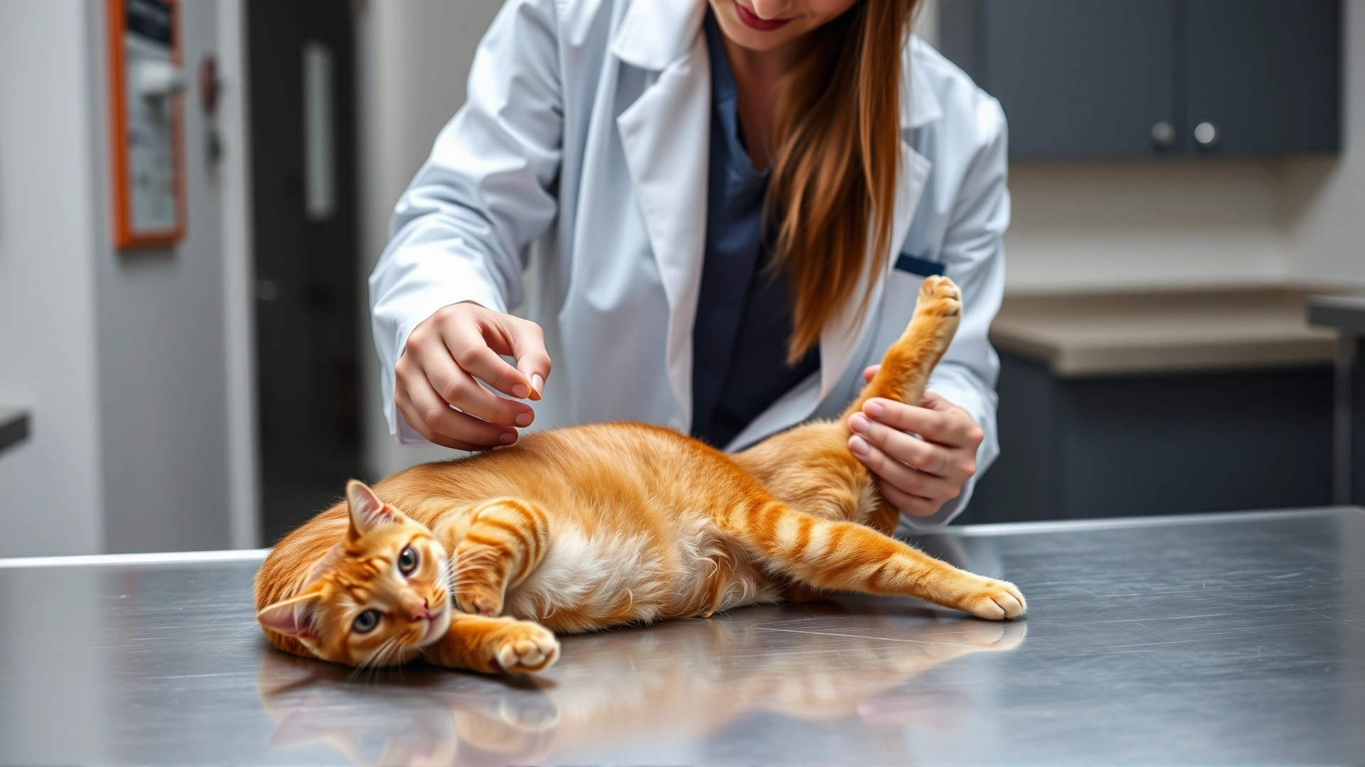 Female veterinarian in a white coat carefully examining a ginger cat’s leg on a stainless-steel exam table; clinic interior slightly out of focus.