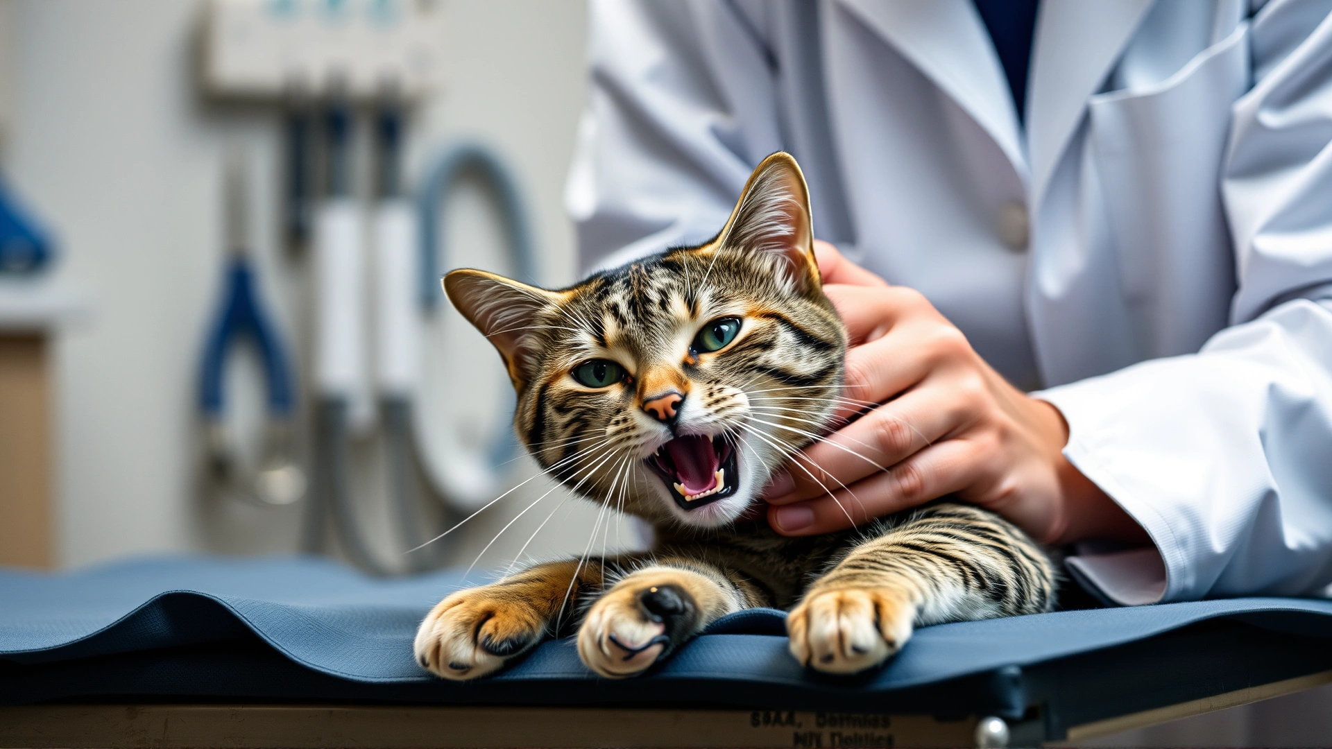Veterinarian wearing a white coat listening to a tabby cat's chest with a stethoscope in a clean exam room.