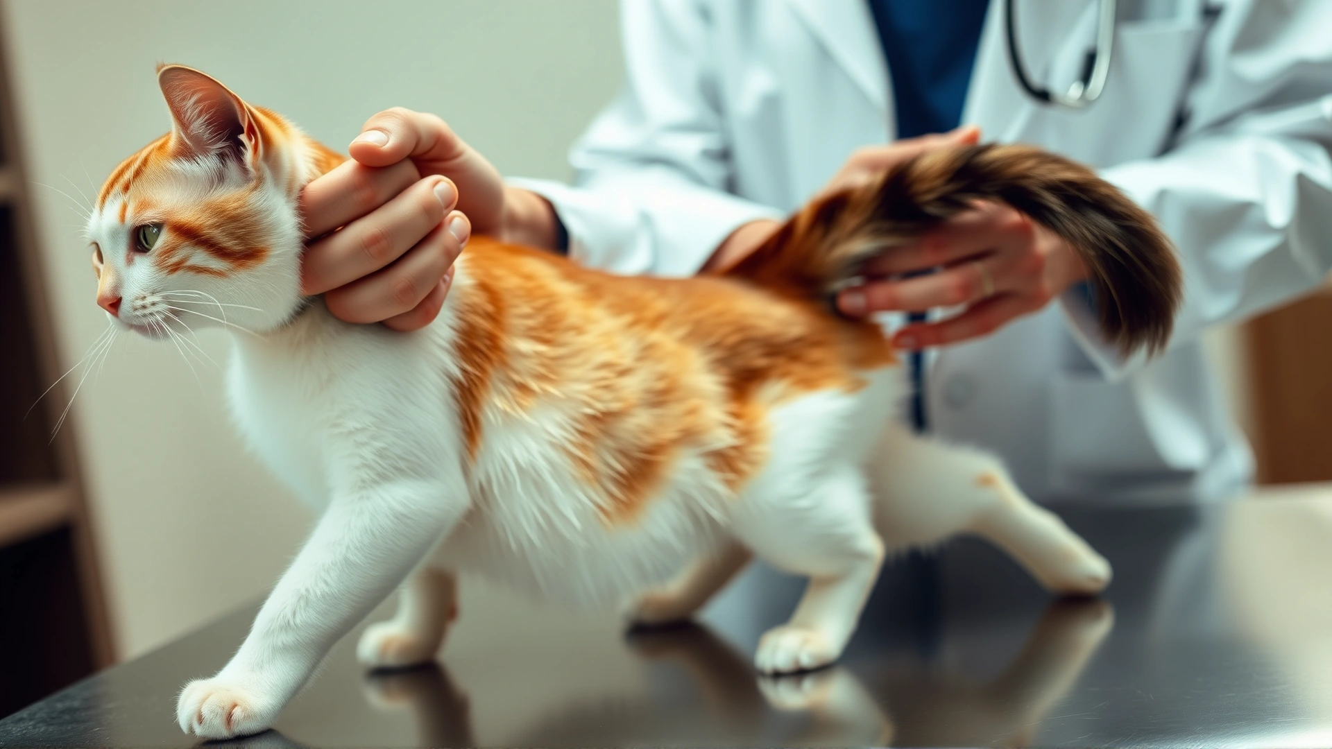 Veterinarian wearing white coat gently lifting a cat's tail while examining the perianal area on an exam table.