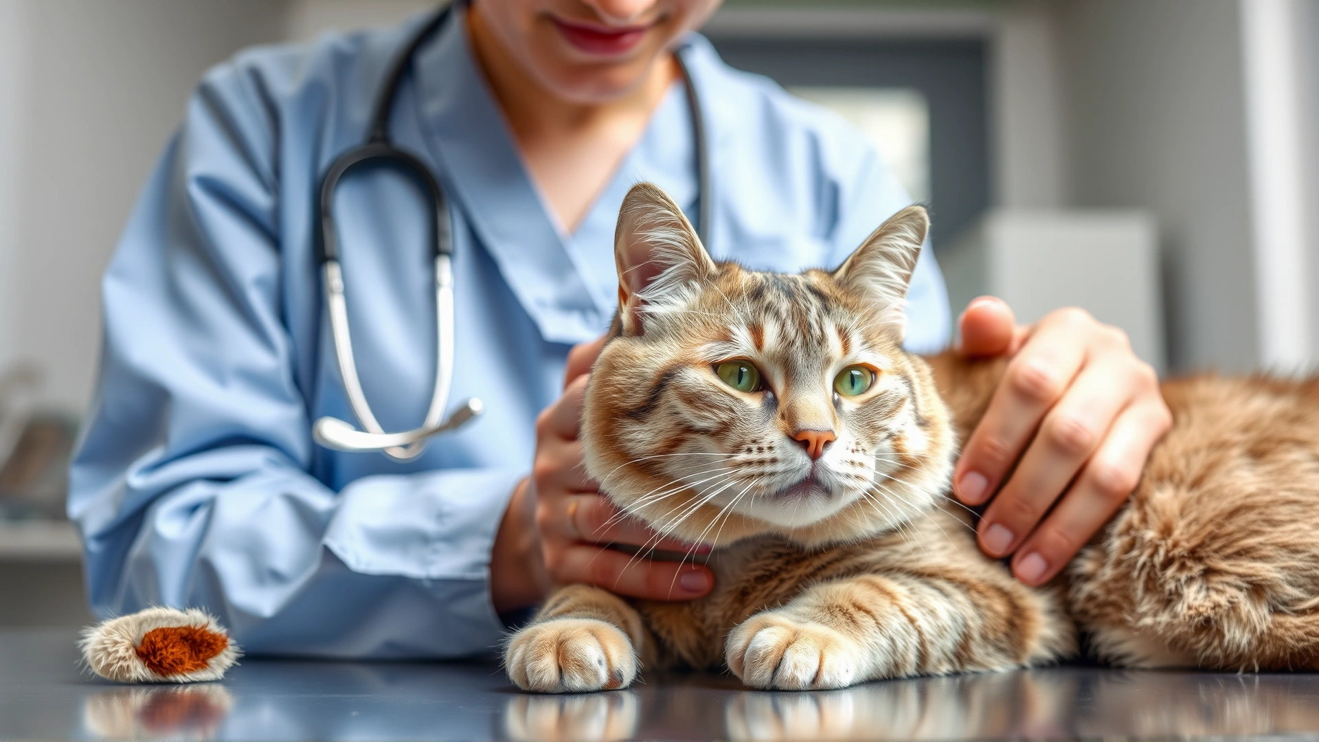 Veterinarian gently examining a calm senior cat on a clinic examination table, stethoscope visible, bright clean environment.