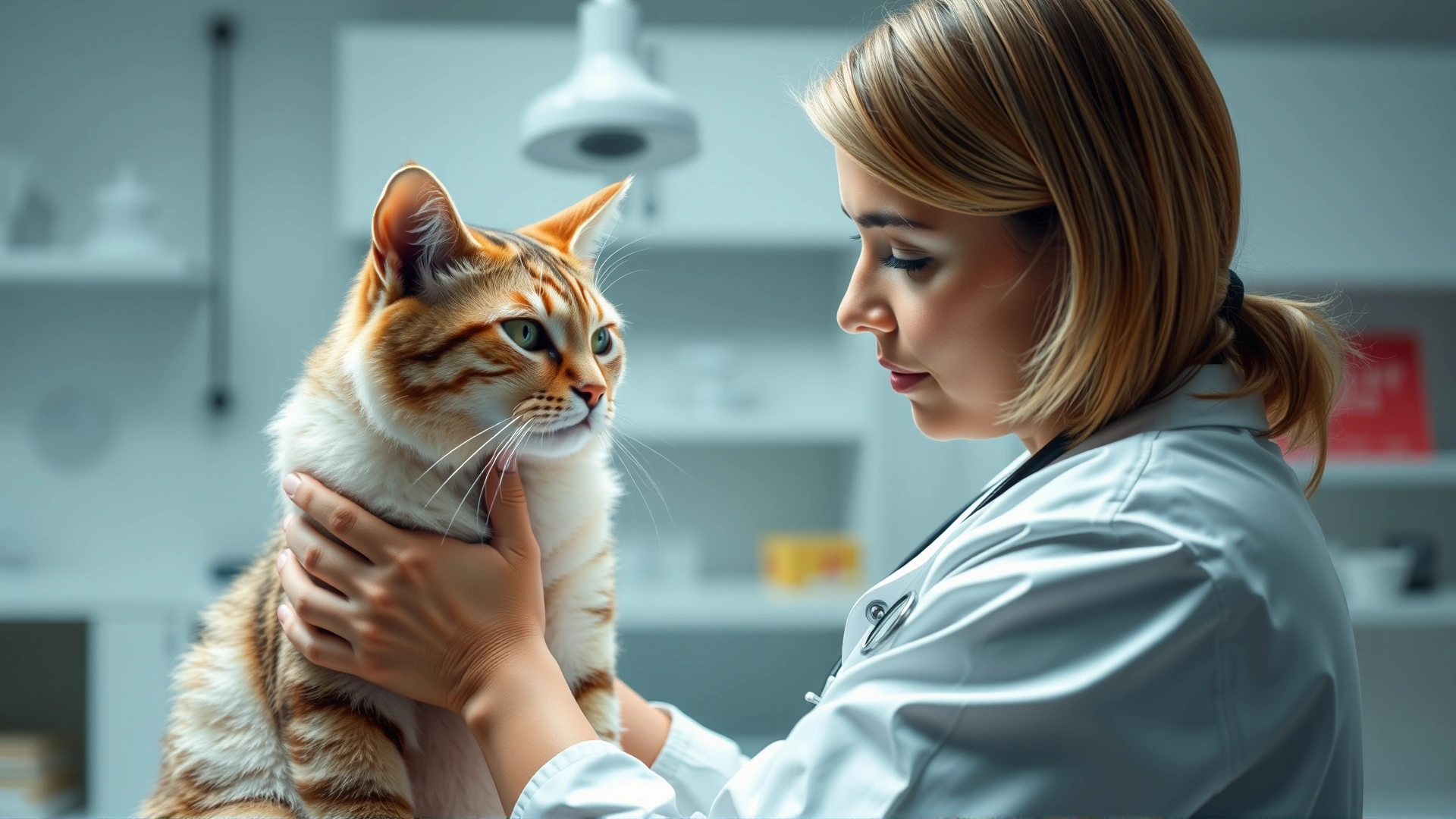 Veterinarian in white coat gently examining a cat’s skin with a magnifying glass in a modern clinic.