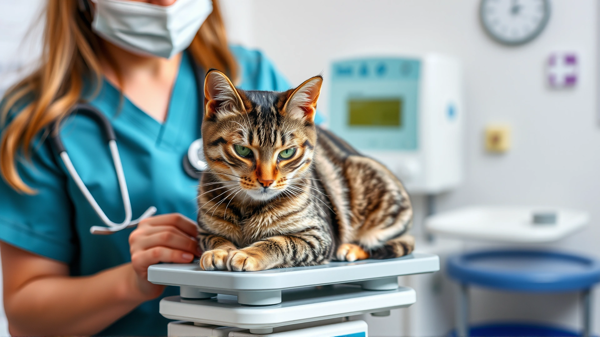 Veterinarian in a clinic placing a tabby cat onto a professional scale, with medical equipment blurred in the background.