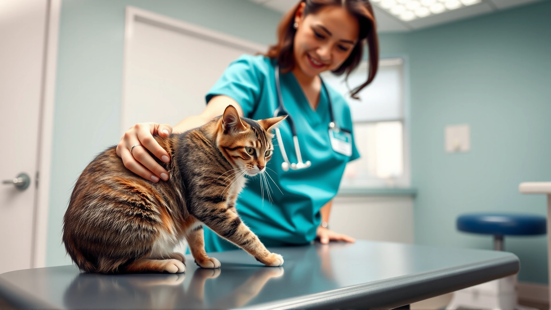 Female veterinarian in scrubs examining a cat's front leg on an examination table in a bright clinic room