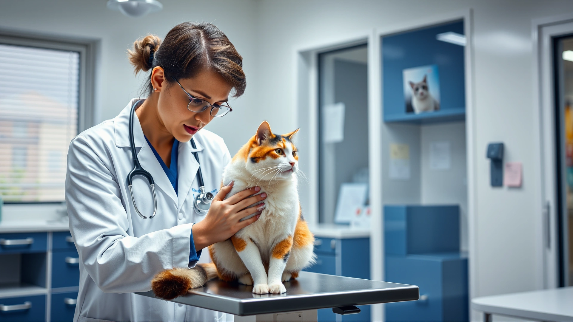 Veterinarian in a white coat gently examining a calico cat on an examination table inside a bright clinic