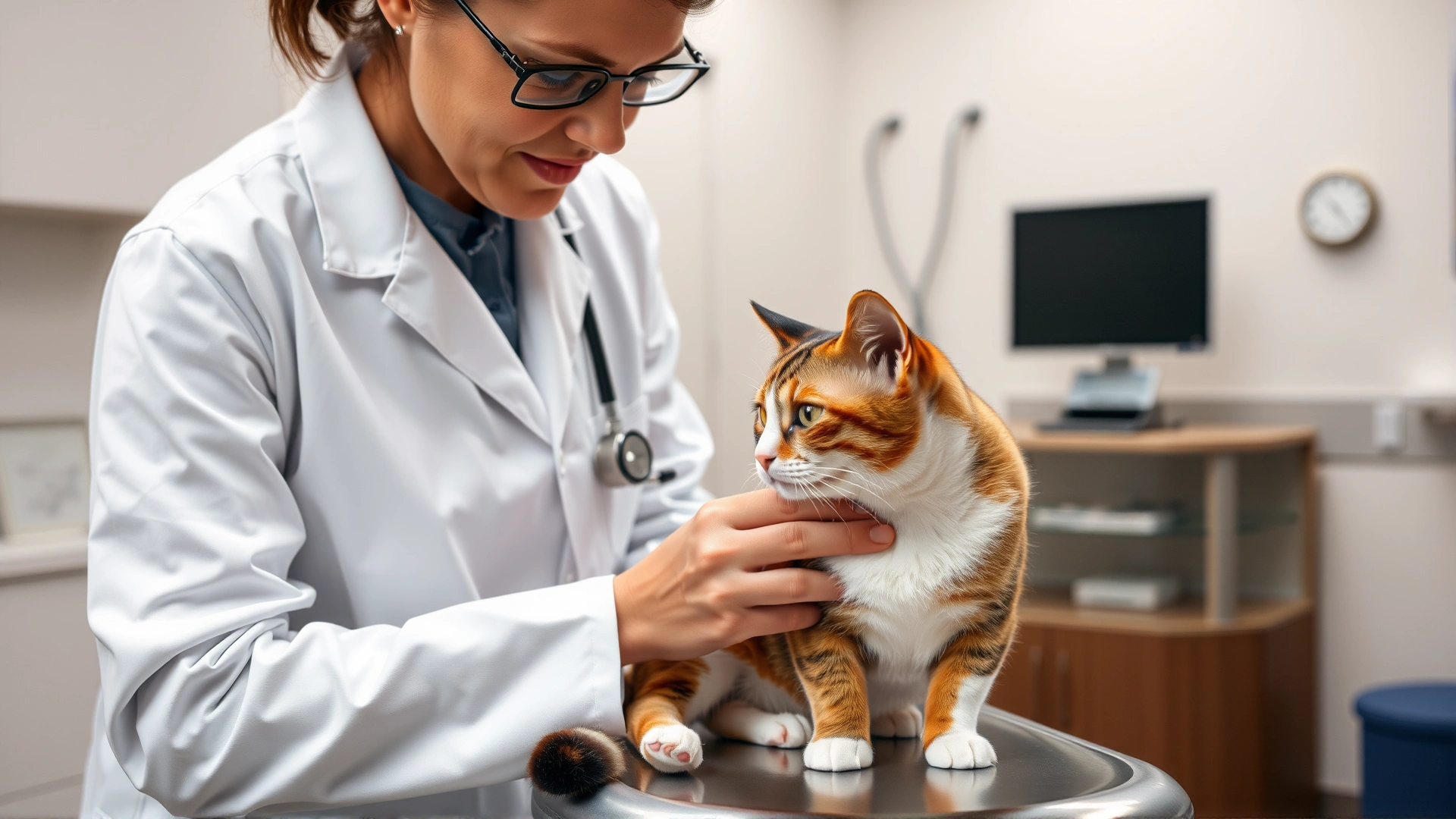 Veterinarian in a white coat gently examining a calico cat on an examination table, modern clinic setting