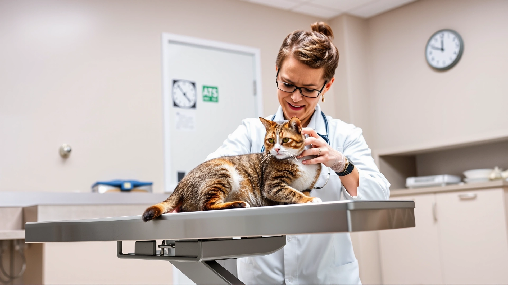 Veterinarian wearing a white coat examining a cat on a stainless steel exam table, clinic setting, caring expression