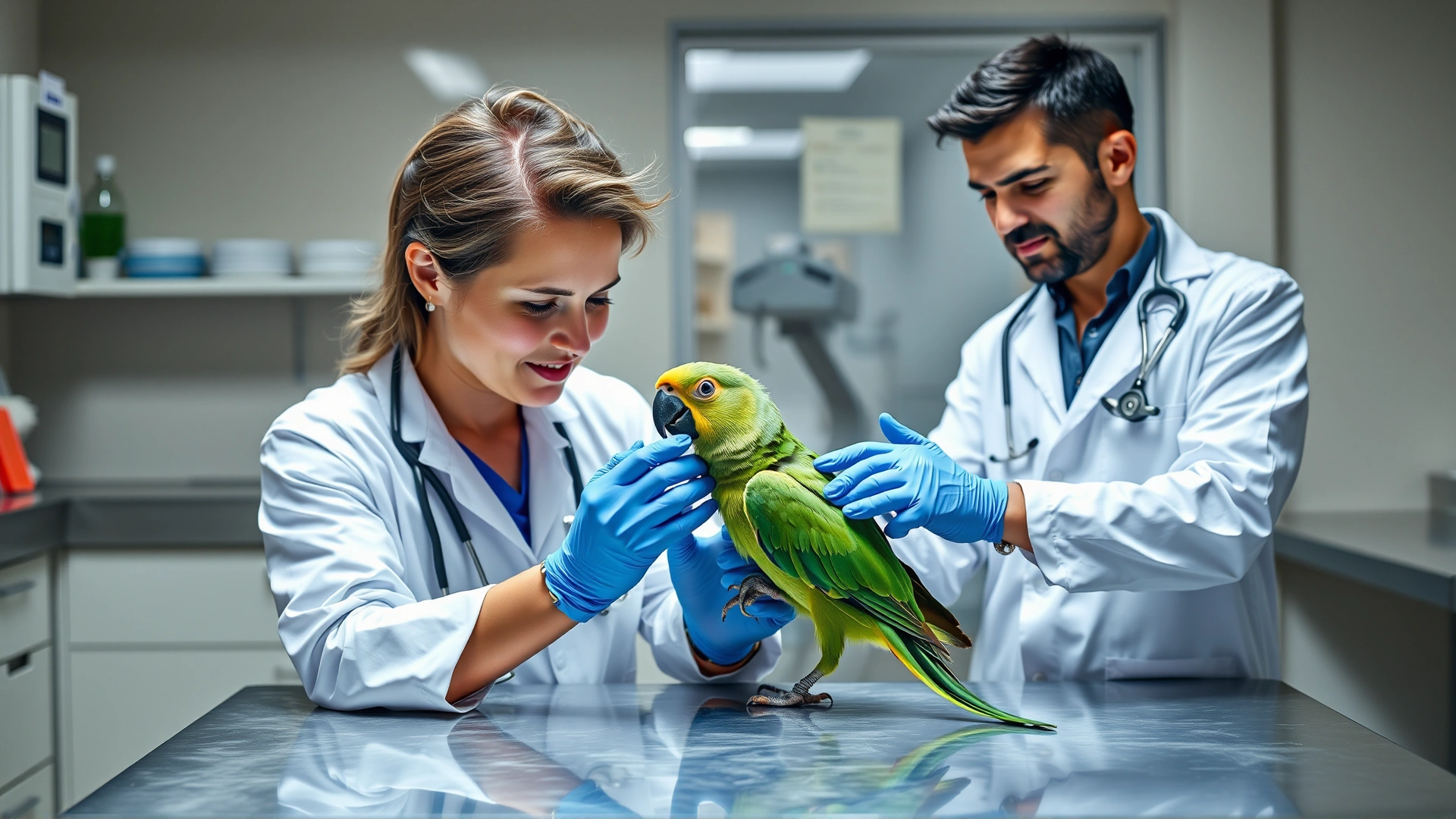 Veterinarian in white coat examining a green parrot on a stainless steel table inside a bird clinic. Natural lighting, professional setting.