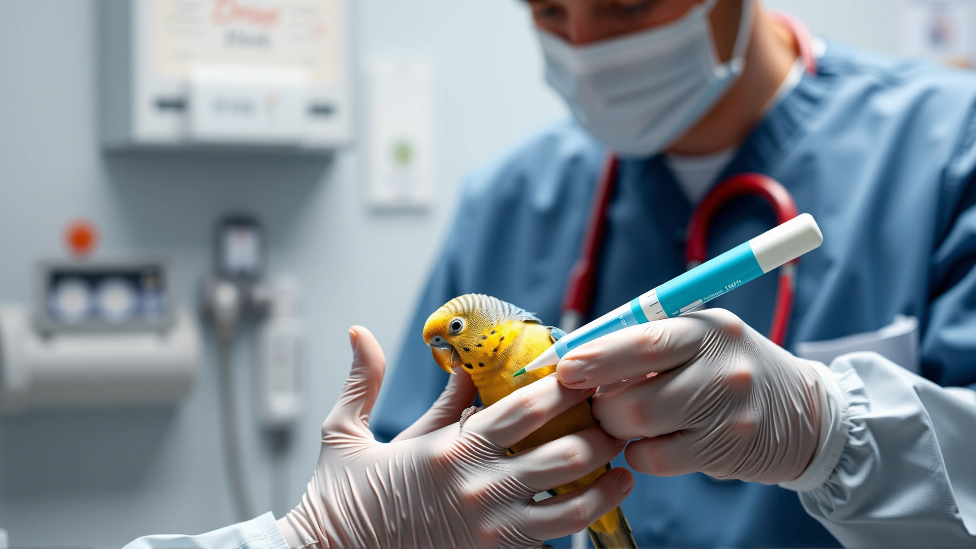 Avian veterinarian performing a swab test on a small parakeet in a clinical setting, showcasing diagnostic procedures