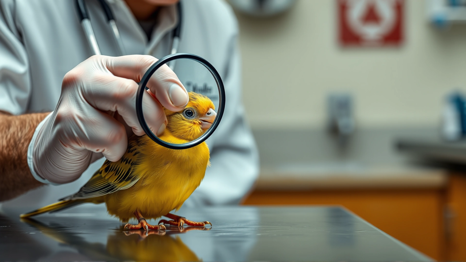 Avian veterinarian using a magnifying loupe to inspect the beak of a canary on a clinic table.