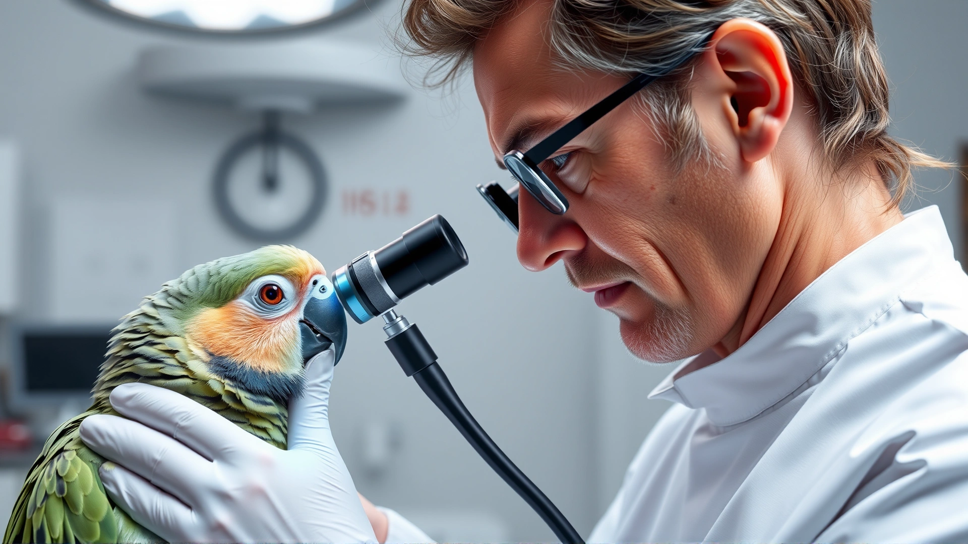 Avian veterinarian gently examining a small parrot's eye with an ophthalmoscope in a well-lit clinic