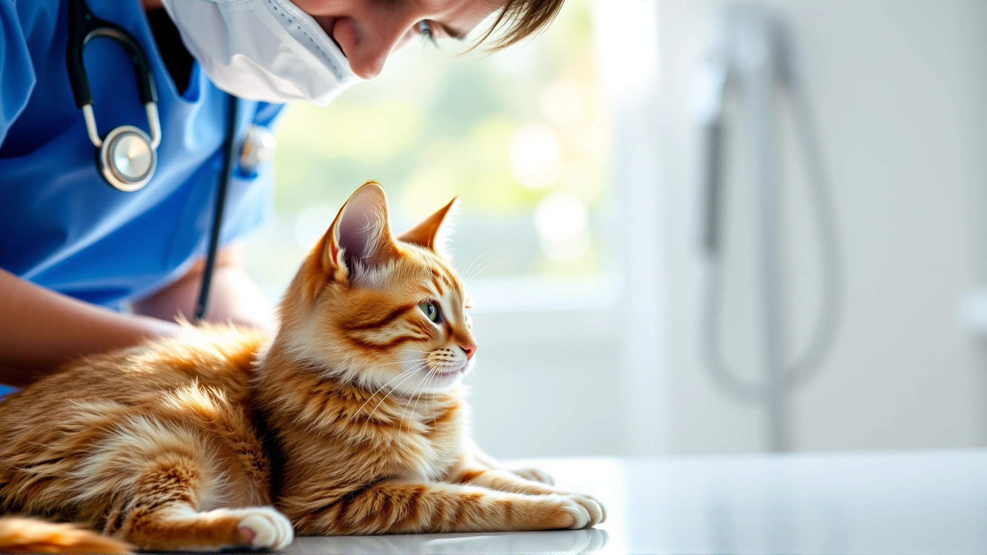Image of a veterinarian gently examining a cat with a stethoscope, clinical environment, natural lighting