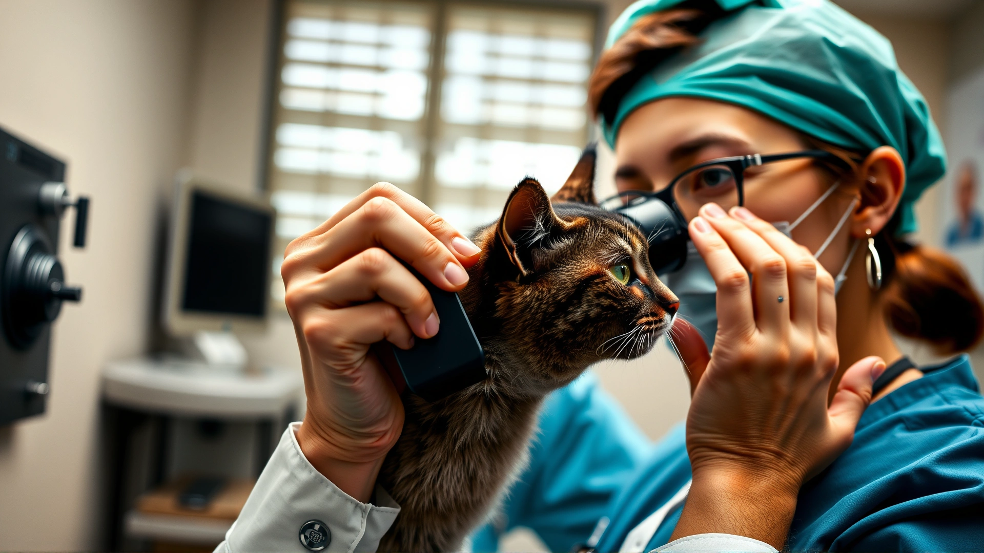 Veterinarian in clinic gently examining a cat's eye with an ophthalmoscope, professional setting