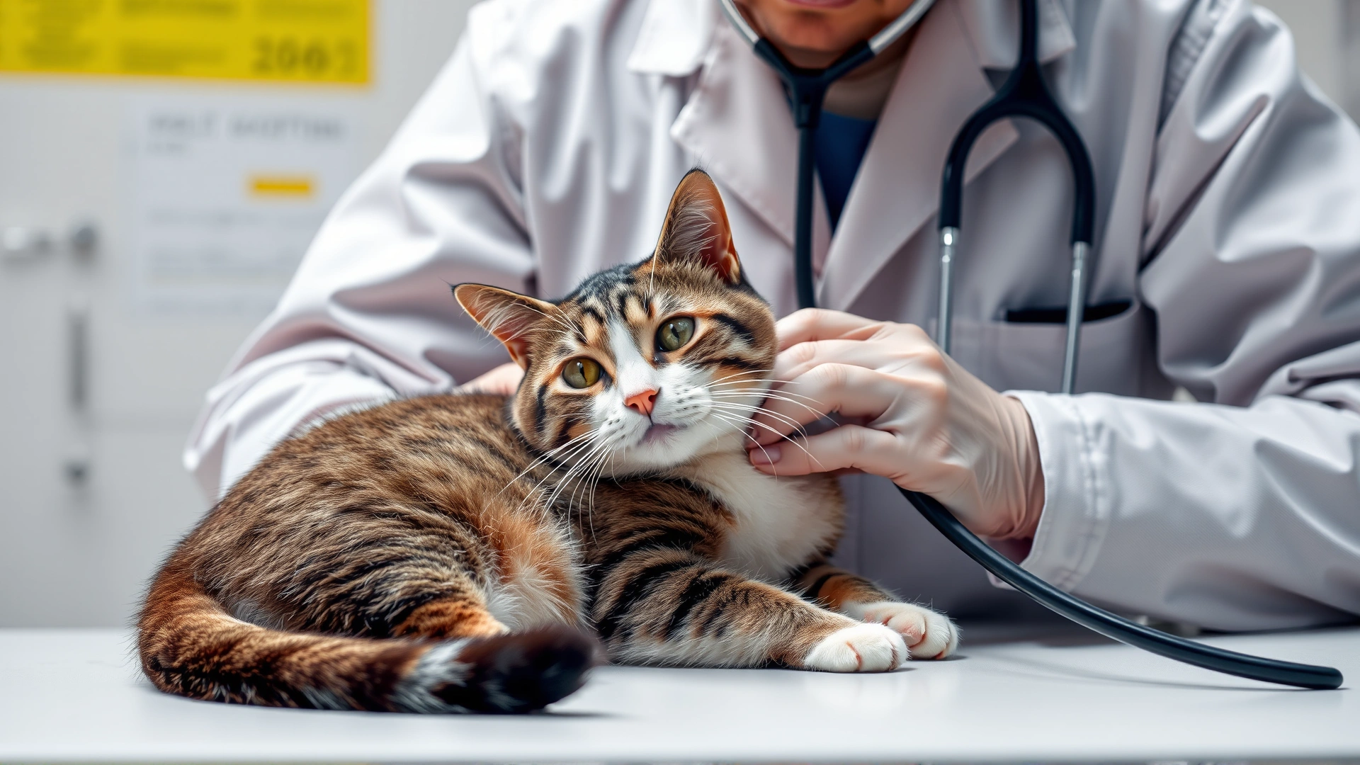 Veterinarian gently examining a cat’s chest with stethoscope on an examination table